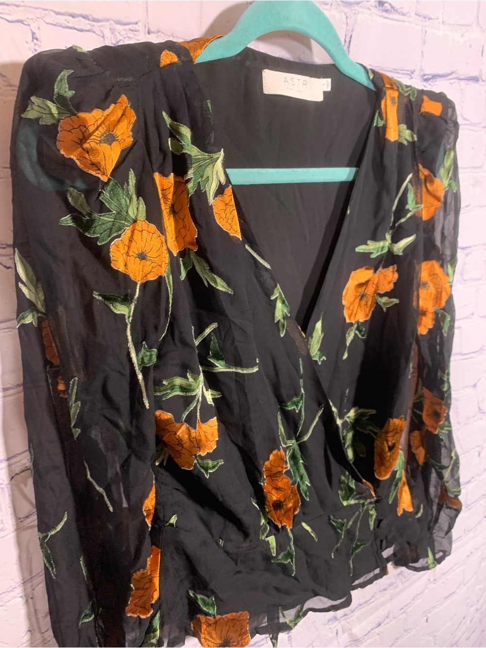 ASTR Womens Floral V-Neck Wrap Top Black Orange Floral S Whimsigoth Fariy Grunge - Picture 2 of 9